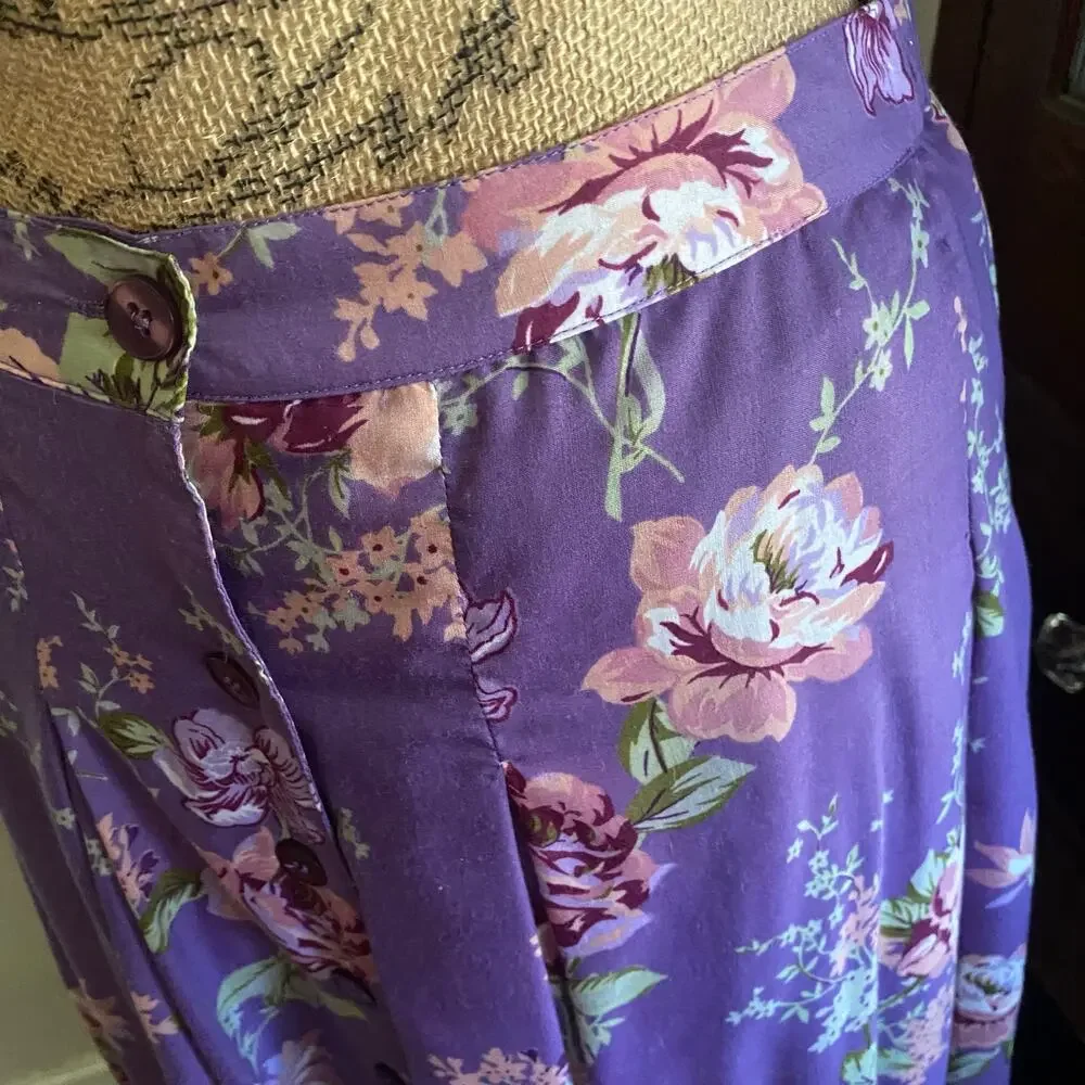 Vintage Lavender Floral Maxi Skirt Cottagecore Button Front L Denim 24/7